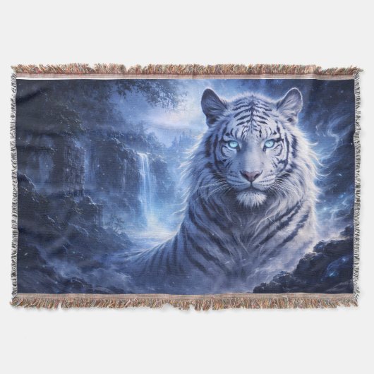 Moonlit White Tiger Guardian – Blue Fantasy Spirit Deken (Voorkant)