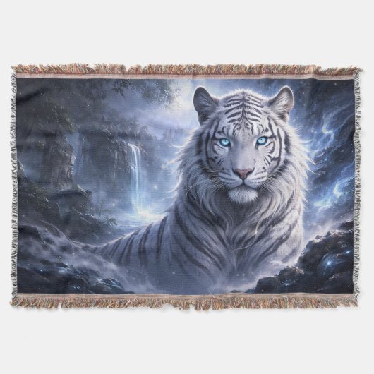 Moonlit White Tiger Guardian – Blue Fantasy Spirit Deken (Voorkant)