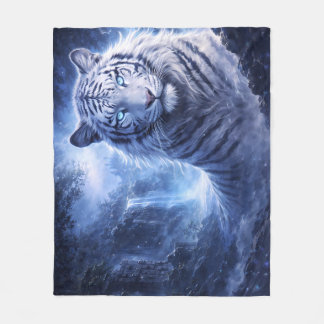 Moonlit White Tiger Guardian – Blue Fantasy Spirit Fleece Deken