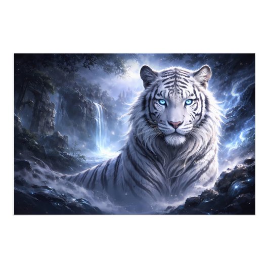 Moonlit White Tiger Guardian – Blue Fantasy Spirit Foto Afdruk (Voorkant)