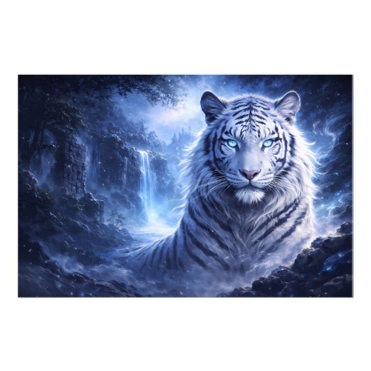 Moonlit White Tiger Guardian – Blue Fantasy Spirit Foto Afdruk (Voorkant)