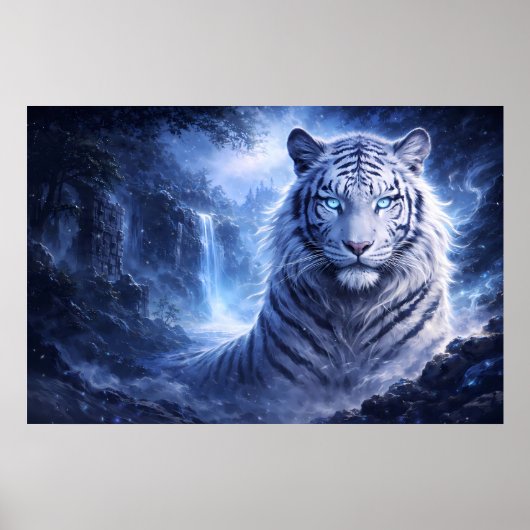 Moonlit White Tiger Guardian – Blue Fantasy Spirit Poster (Voorkant)
