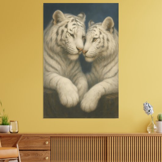 Moonlit White Tigers – Tender Blue Night Embrace Canvas Afdruk (Insitu (Woonkamer))