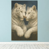Moonlit White Tigers – Tender Blue Night Embrace Canvas Afdruk (Insitu (Houten vloer))