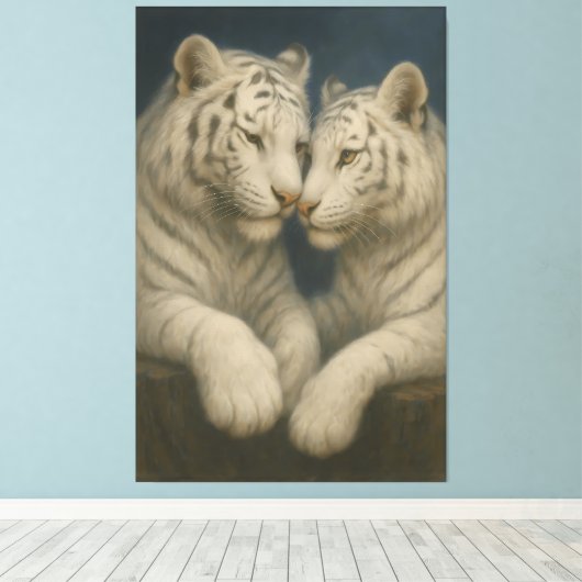 Moonlit White Tigers – Tender Blue Night Embrace Canvas Afdruk (Insitu (Houten vloer))
