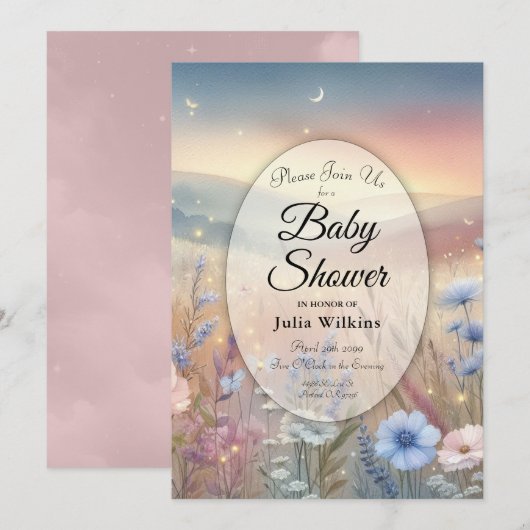 Moonlit Wildflower Whispers Baby shower Kaart (Voorkant / Achterkant)