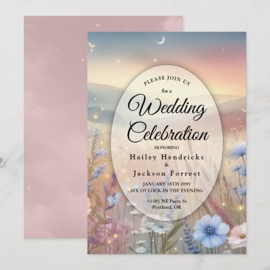 Moonlit Wildflower Whispers Wedding Kaart (Voorkant / Achterkant)