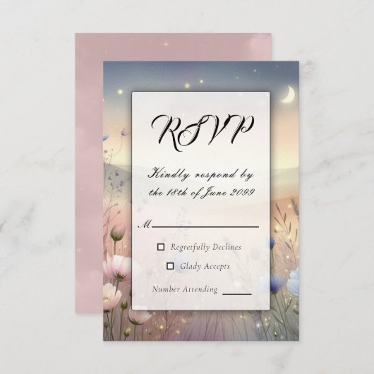 Moonlit Wildflower Whispers Wedding RSVP Kaartje (Voorkant / Achterkant)