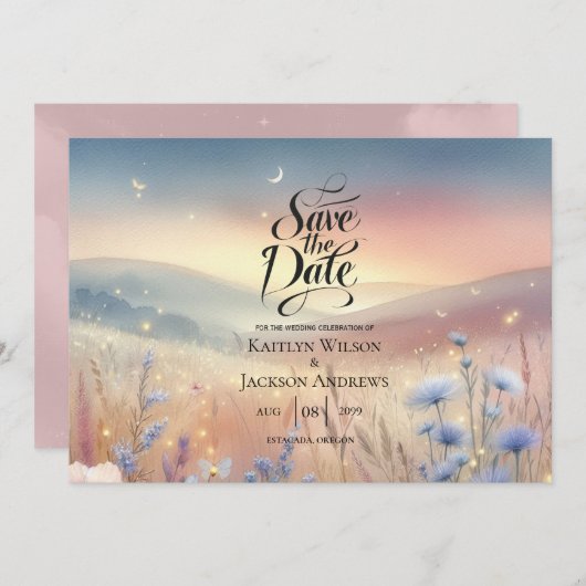 Moonlit Wildflower Whispers Wedding Save The Date (Voorkant / Achterkant)