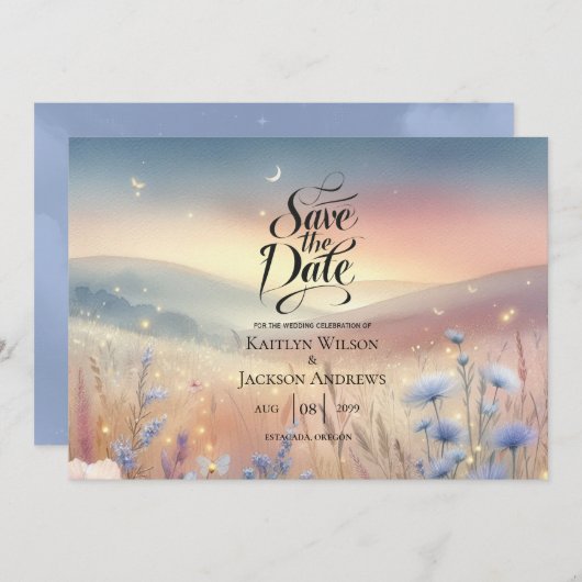 Moonlit Wildflower Whispers Wedding Save The Date (Voorkant / Achterkant)