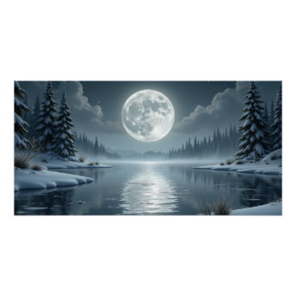 Moonlit Winter Lake – Serene Night Landscape Art Perfect Poster