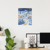 Moonlit Winter Village met Snowy Pathway Poster (Thuiskantoor)