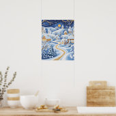 Moonlit Winter Village met Snowy Pathway Poster (Keuken)