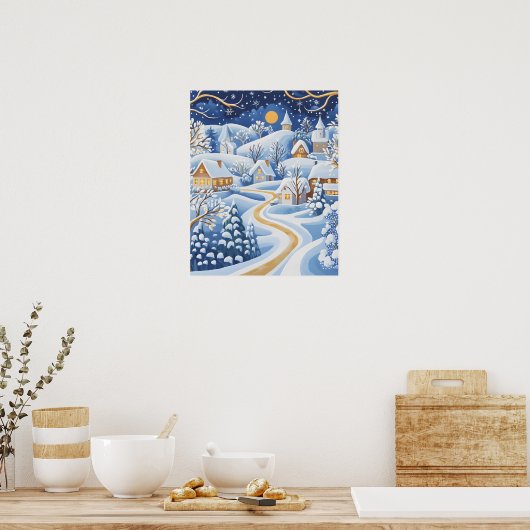 Moonlit Winter Village met Snowy Pathway Poster (Keuken)