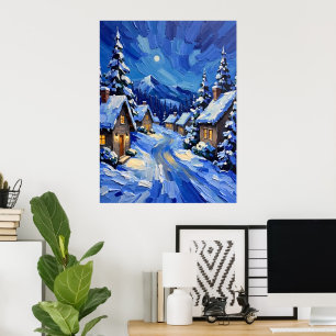 Moonlit Winter Village Poster