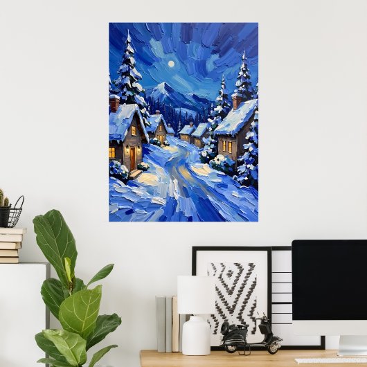 Moonlit Winter Village Poster (Thuiskantoor)