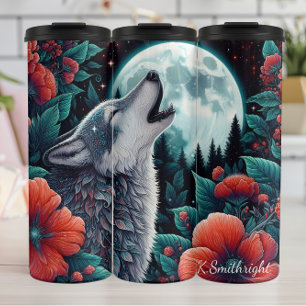 Moonlit Wolf Howling Bloemen Nacht Thermosbeker