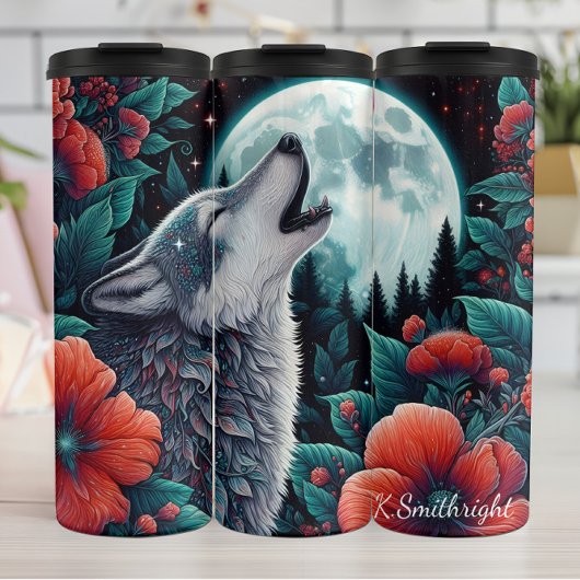 Moonlit Wolf Howling Bloemen Nacht Thermosbeker