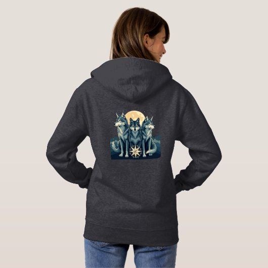 Moonlit Wolf Pack Guardians | Mystical Compass Art Hoodie (Achterkant volledig)