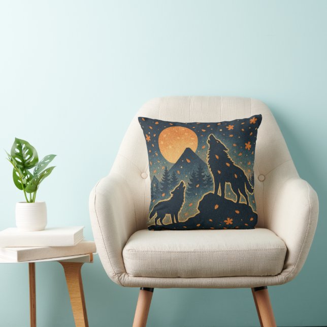 Moonlit Wolves & Mount Fuji – Japanese Night Art  Kussen (Stoel)