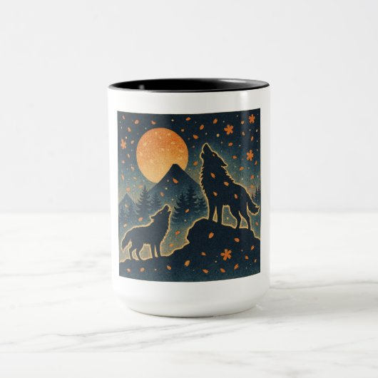 Moonlit Wolves & Mount Fuji – Japanese Night Art Mok (Midden)