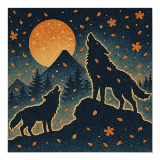 Moonlit Wolves & Mount Fuji – Japanese Night Art Perfect Poster (Voorkant)