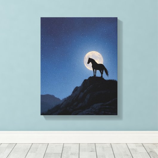 Moonrise Horse Cliff Silhouette Art Canvas Afdruk (Insitu (Houten vloer))
