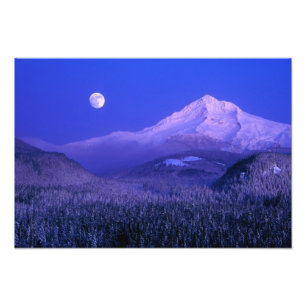 Moonrise over Mt Hood winter, Oregon Foto Afdruk
