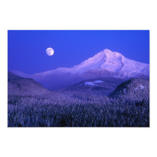 Moonrise over Mt Hood winter, Oregon Foto Afdruk (Voorkant)