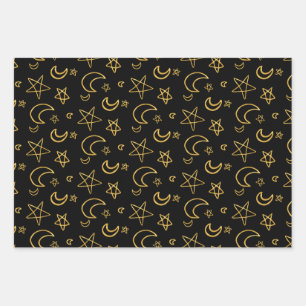 Moons and Stars Gold Pattern Inpakpapier Vel