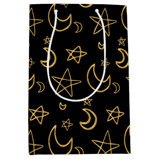 Moons and Stars Gold Pattern Medium Cadeauzakje (Voorkant)