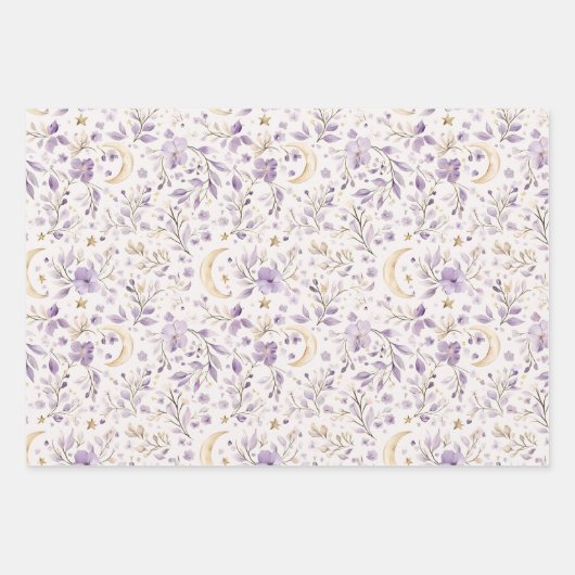 Moons Stars & Purple Flowers Baby Shower Inpakpapier Vel (Voorkant)