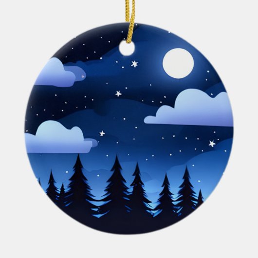 Moonscape met sterren & dennenbomen keramisch ornament (Voorkant)