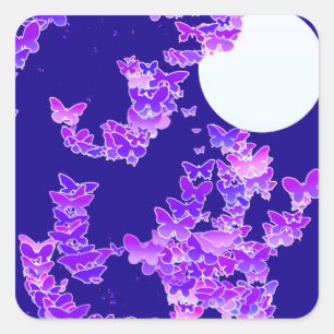 Moonscape met vlinders - lila, diep blauw vierkante sticker