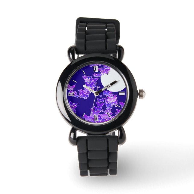 Moonscape met vlinders - lila, donkerblauw horloge (Voorkant)