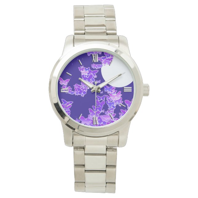Moonscape met vlinders - lila, donkerblauw horloge (Voorkant)