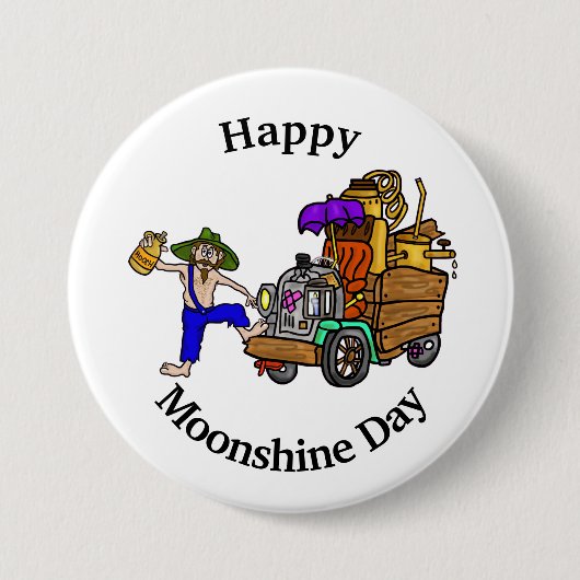 Moonshine Day Button met Hillbilly Truck en Man (Voorkant)