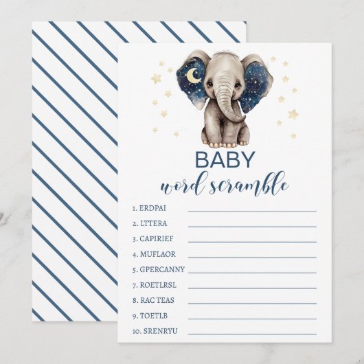 Moonsterren elephant baby shower word scramble advieskaart (Voorkant / Achterkant)