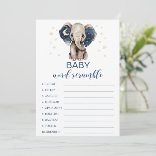 Moonsterren elephant baby shower word scramble advieskaart (Staand voorkant)