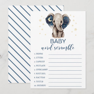 Moonsterren elephant baby shower word scramble advieskaart