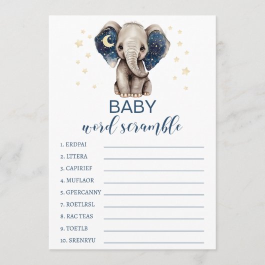 Moonsterren elephant baby shower word scramble advieskaart (Voorkant)