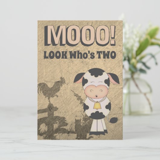 MOOO! Kijk wie is twee  Koe Boerderij Verjaardag Kaart (Staand voorkant)