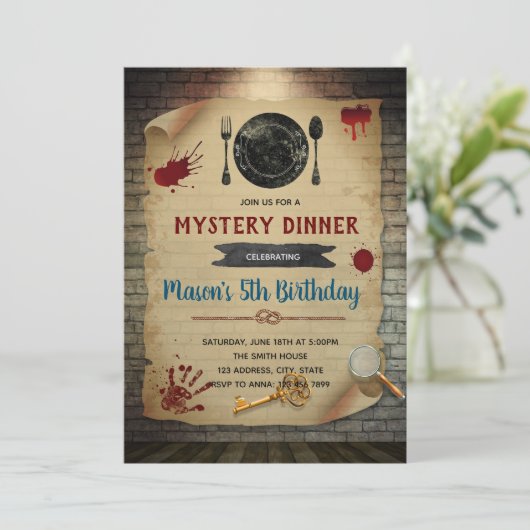 Moord Mysterie Diner Verjaardag uitnodiging (Staand voorkant)