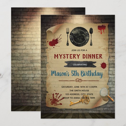 Moord Mysterie Diner Verjaardag uitnodiging (Voorkant / Achterkant)