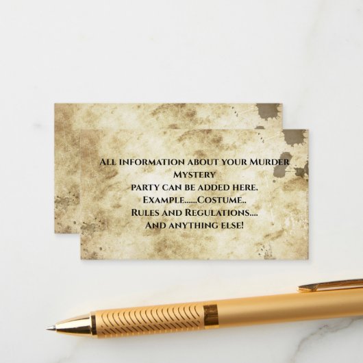 Moord Mysterie Verjaardag Informatiekaartje (Voorkant / Achterkant in situ)