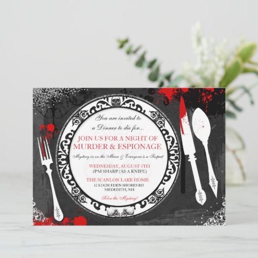 Moord Mystery Dinner Party Uitnodigen Kaart (Staand voorkant)