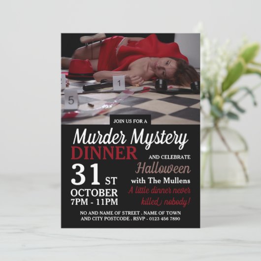Moord Scene, Moord Mysterie Halloween diner Kaart (Staand voorkant)