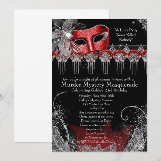 moordmysterie-maskerade kaart (Voorkant / Achterkant)