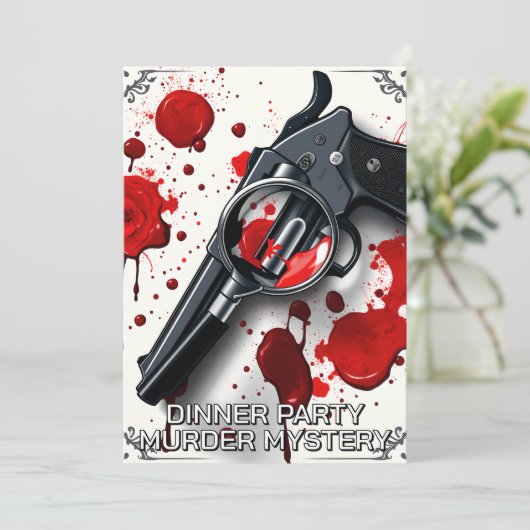 Moordmysterie-thema dinerfeest met een whodunnit-s kaart (Staand voorkant)