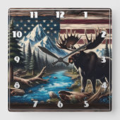 Moose aan het meer met berg- en vlagachtergrond vierkante klok (Voorkant)
